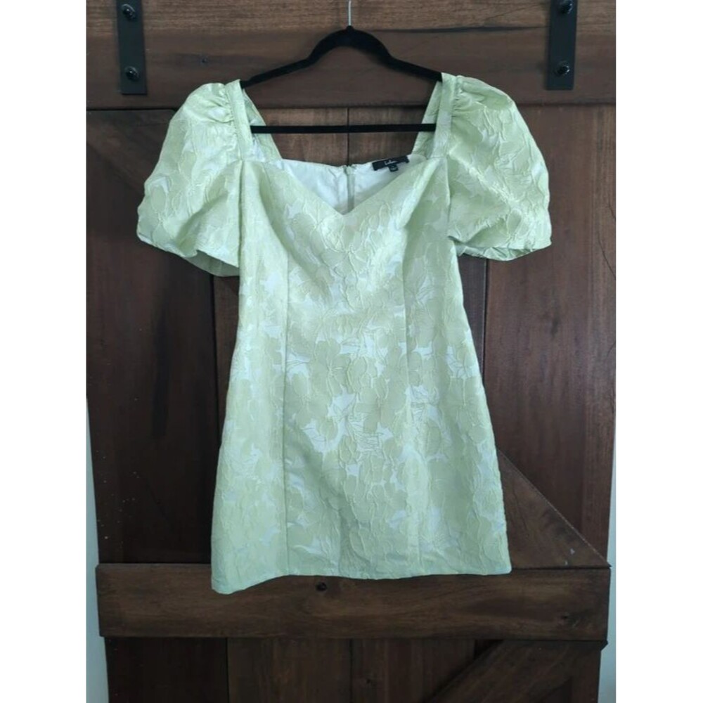 Lulu's Lime Green Jacquard Formal Mini Dress Puff Sleeves